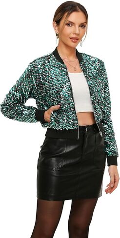 Women's Sequin Jacket Sparkly Cropped Bomber Long Sleeve Zipper Up Casual Party Blazer With Pockets in Kuwait
