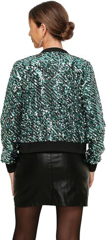 Women's Sequin Jacket Sparkly Cropped Bomber Long Sleeve Zipper Up Casual Party Blazer With Pockets in Kuwait