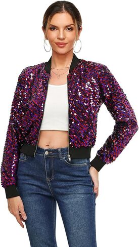 Women's Sequin Jacket Sparkly Cropped Bomber Long Sleeve Zipper Up Casual Party Blazer With Pockets in Kuwait