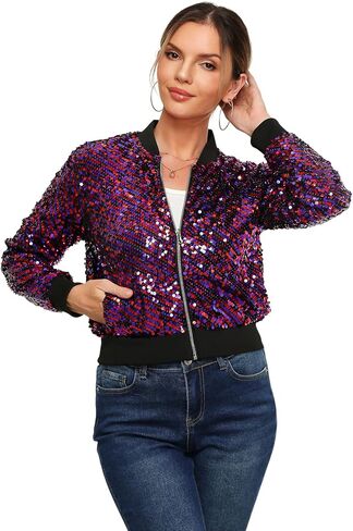 Women's Sequin Jacket Sparkly Cropped Bomber Long Sleeve Zipper Up Casual Party Blazer With Pockets in Kuwait