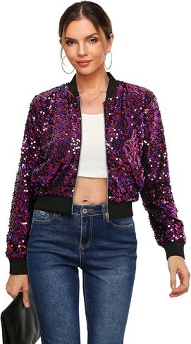 Women's Sequin Jacket Sparkly Cropped Bomber Long Sleeve Zipper Up Casual Party Blazer With Pockets in Kuwait