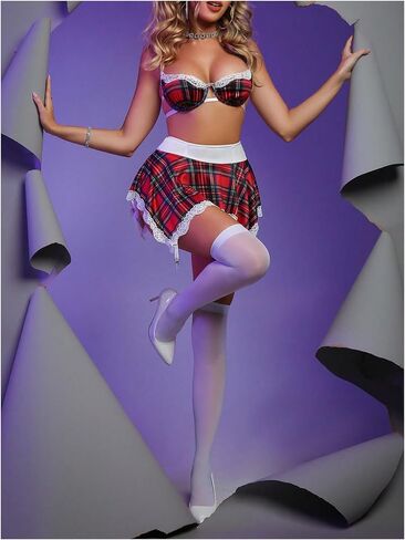 Women's 3 Piece Roleplay Costume Lingerie Outfits Lace Plaid Underwire Bra and Panty Sets with Skirts in Saudi Arabia