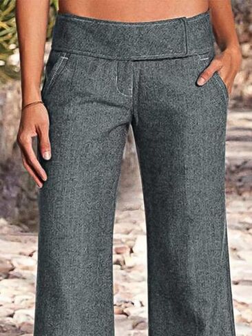 Flamingals Women's Solid Slant Pocket Wide Leg Pants Low Waist Casual Pants in Saudi Arabia