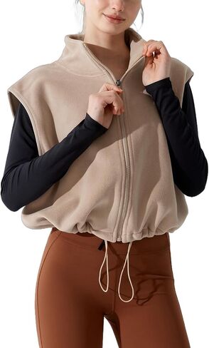 Women's Full Zip Fleece Short Vest Warm Winter Sleeveless Stand Collar Sherpa Crop Coat in Kuwait