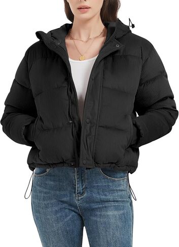Flygo Puffer Jacket Womens Cropped Corduroy Hooded Winter Jackets Warm Quilted Long Sleeve Bubble Down Coats in Kuwait