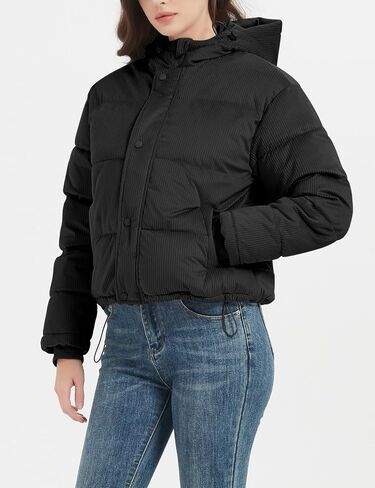 Flygo Puffer Jacket Womens Cropped Corduroy Hooded Winter Jackets Warm Quilted Long Sleeve Bubble Down Coats in Kuwait