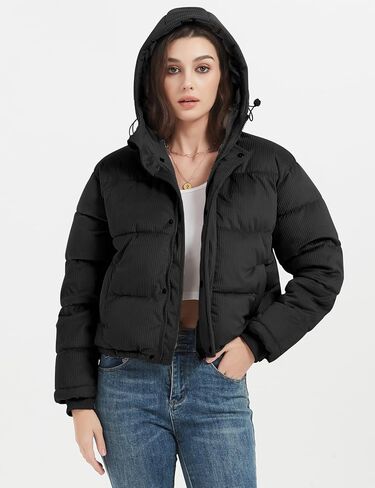 Flygo Puffer Jacket Womens Cropped Corduroy Hooded Winter Jackets Warm Quilted Long Sleeve Bubble Down Coats in Kuwait