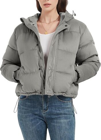 Flygo Puffer Jacket Womens Cropped Corduroy Hooded Winter Jackets Warm Quilted Long Sleeve Bubble Down Coats in Kuwait