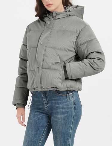 Flygo Puffer Jacket Womens Cropped Corduroy Hooded Winter Jackets Warm Quilted Long Sleeve Bubble Down Coats in Kuwait