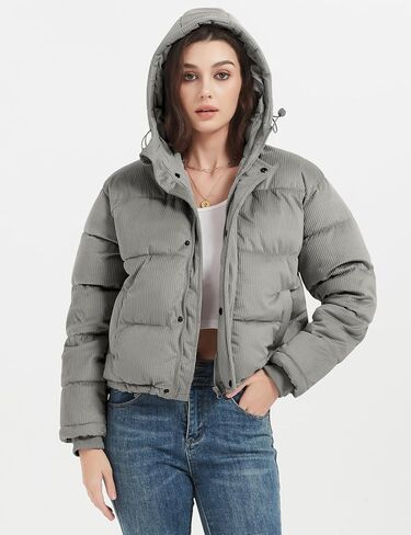 Flygo Puffer Jacket Womens Cropped Corduroy Hooded Winter Jackets Warm Quilted Long Sleeve Bubble Down Coats in Kuwait