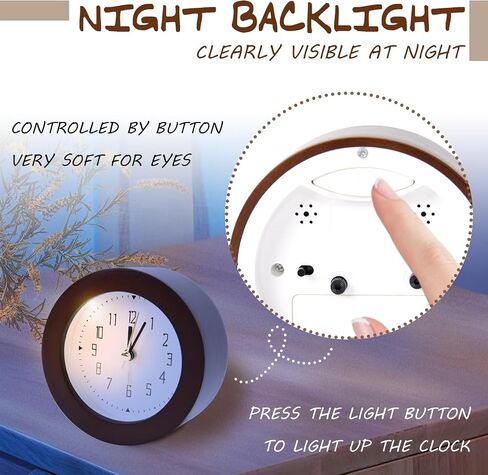Wooden Analog Alarm Clock Silent Non-Ticking Desk Clock Battery Operated Table Clock with Nightlight for Bedroom,Children's Room, Living Room,Brown(4Inch) in Saudi Arabia