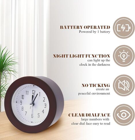Wooden Analog Alarm Clock Silent Non-Ticking Desk Clock Battery Operated Table Clock with Nightlight for Bedroom,Children's Room, Living Room,Brown(4Inch) in Saudi Arabia