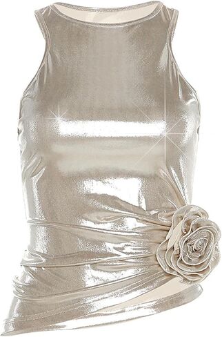 Women's Y2k Tops Metallic Holographic Sleeveless Round Neck Crop Tank Top Party Clubwear in Saudi Arabia