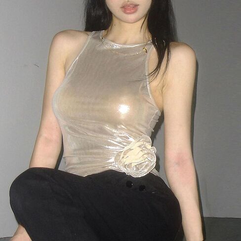 Women's Y2k Tops Metallic Holographic Sleeveless Round Neck Crop Tank Top Party Clubwear in Saudi Arabia