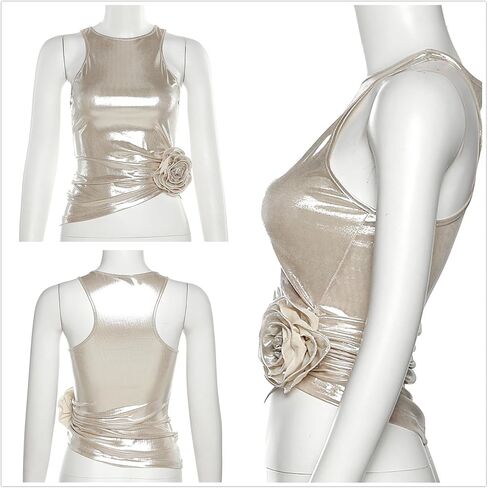 Women's Y2k Tops Metallic Holographic Sleeveless Round Neck Crop Tank Top Party Clubwear in Saudi Arabia