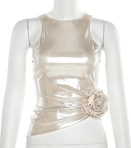 Women's Y2k Tops Metallic Holographic Sleeveless Round Neck Crop Tank Top Party Clubwear in Saudi Arabia