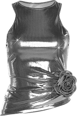 Women's Y2k Tops Metallic Holographic Sleeveless Round Neck Crop Tank Top Party Clubwear in Saudi Arabia