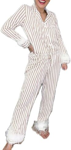 Women Valentine's day Feather Pajamas Silk Satin Lounge Sets Long Sleeve Button Down Shirts and Pants 2 Piece Pj Set in Kuwait