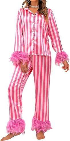 Women Valentine's day Feather Pajamas Silk Satin Lounge Sets Long Sleeve Button Down Shirts and Pants 2 Piece Pj Set in Kuwait