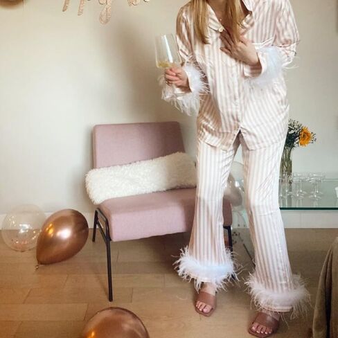 Women Valentine's day Feather Pajamas Silk Satin Lounge Sets Long Sleeve Button Down Shirts and Pants 2 Piece Pj Set in Kuwait