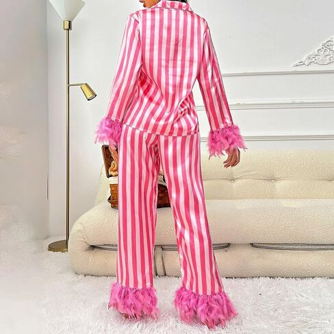 Women Valentine's day Feather Pajamas Silk Satin Lounge Sets Long Sleeve Button Down Shirts and Pants 2 Piece Pj Set in Kuwait