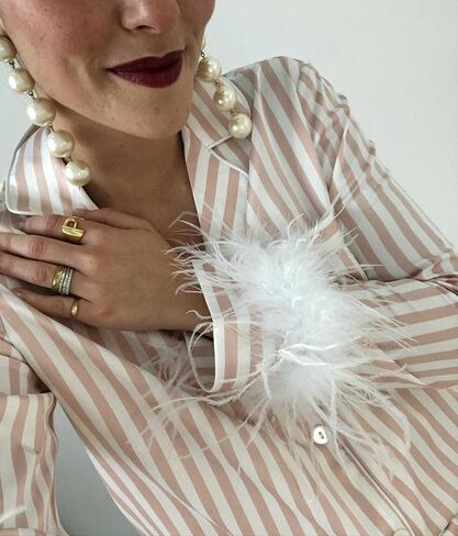 Women Valentine's day Feather Pajamas Silk Satin Lounge Sets Long Sleeve Button Down Shirts and Pants 2 Piece Pj Set in Kuwait