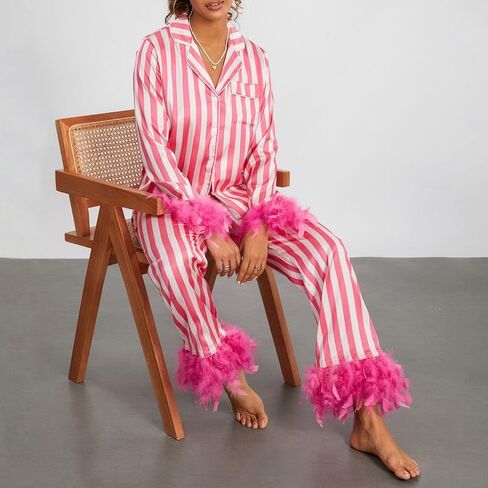 Women Valentine's day Feather Pajamas Silk Satin Lounge Sets Long Sleeve Button Down Shirts and Pants 2 Piece Pj Set in Kuwait