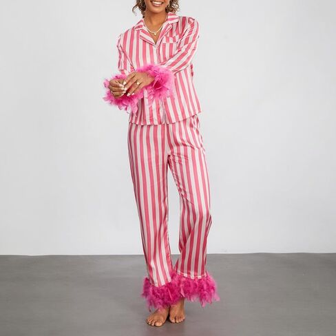 Women Valentine's day Feather Pajamas Silk Satin Lounge Sets Long Sleeve Button Down Shirts and Pants 2 Piece Pj Set in Kuwait
