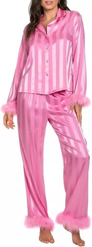 Women Valentine's day Feather Pajamas Silk Satin Lounge Sets Long Sleeve Button Down Shirts and Pants 2 Piece Pj Set in Kuwait