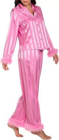 Women Valentine's day Feather Pajamas Silk Satin Lounge Sets Long Sleeve Button Down Shirts and Pants 2 Piece Pj Set in Kuwait