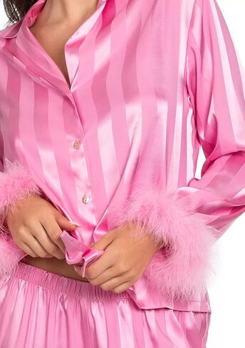 Women Valentine's day Feather Pajamas Silk Satin Lounge Sets Long Sleeve Button Down Shirts and Pants 2 Piece Pj Set in Kuwait