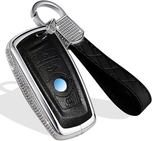 Car Key Case Key Shell Fob Key Cover Key Chain Bling Crystal Leather Key Fob Sleeve Chain Compatible for BMW in Kuwait