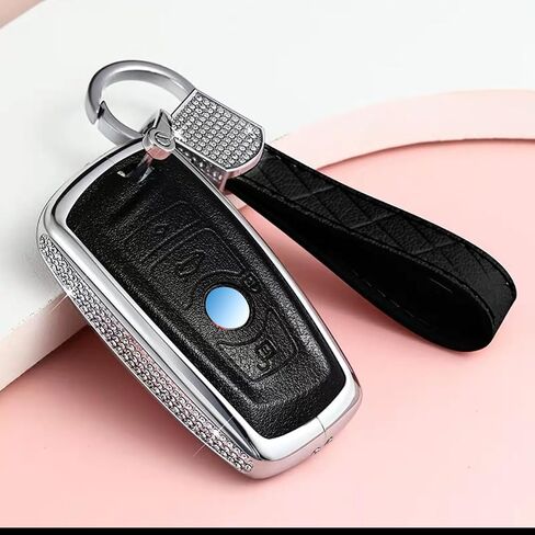 Car Key Case Key Shell Fob Key Cover Key Chain Bling Crystal Leather Key Fob Sleeve Chain Compatible for BMW in Kuwait