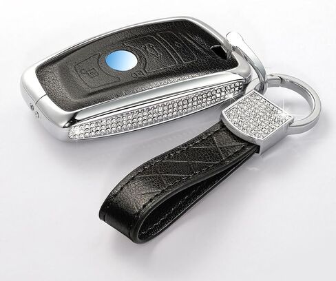 Car Key Case Key Shell Fob Key Cover Key Chain Bling Crystal Leather Key Fob Sleeve Chain Compatible for BMW in Kuwait