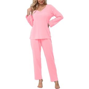 POKWAI Fall Winter Womens Pajama Sets Soft Comfy Long Sleeve Tops and Pants with Pockets 2 Piece Pj Sleepwear