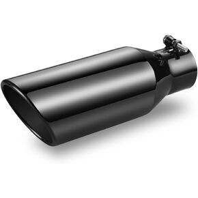 2.5 Inch Inlet Exhaust Tip, 2.5" Inlet 4" Outlet 12" Overall Length, Chrome-Plated Exhaust Tip, Stainless Steel, Chrome Grey Exhaust Tip, Angle Cut, Bolt On
