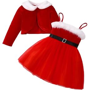 Little Girl Christmas Dress Velvet Cardigan+Santa Claus Strap Dress 2 Piece Cardigan Set 3-8T