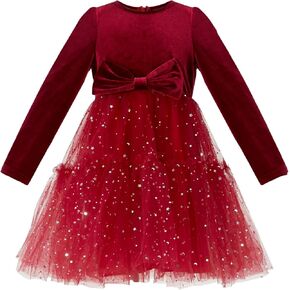 Girl Dress Velvet Long Sleeve Shiny Tulle Fall Winter Dress for Girls Partywear Poster Wine