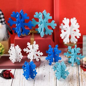 FOBSME Christmas Snowflakes Decoration Set of 9 Winter Wooden Snowflake Sign 3D Snowflake Tabletop Decor Snowflake Table Centerpiece for Home Tiered Tray Fireplace Shelf Decor(White, Blue, Light Blue)