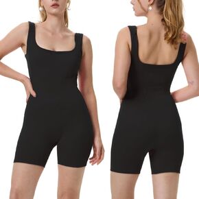 Women Yoga Romper Seamless Ribbed Square Neck Sleeveless Bodycon Jumpsuit One-Piece Workout Rompers Tank Top Outfits