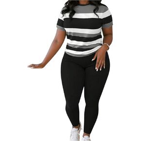 Women's Plus Size 2 Piece Outfits Striped Crewneck Short Sleeve Tee and Legging Sets