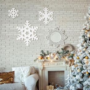 Jetec 3 Pieces Christmas Snowflake Wooden Sign Decoration for Wall Snowflake Shape Sign 3 Sizes Snowflake Hanging Plaques Rustic Wood Wall Holiday Decor for Bedroom Living Room (White, Vivid Style)