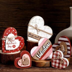 6 Pcs Valentine's Day Decorations Rustic Heart Shaped Wooden Sign Farmhouse Love Wood Block Table Centerpiece Valentines Tiered Tray Decor for Valentines Day Wedding Home(Cute Style)