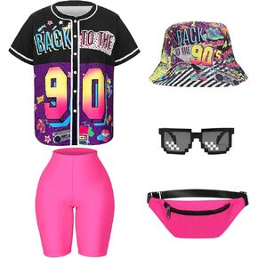 80s 90s Outfit for Women Hip Hop Costume Set Baseball Jersey Yoga Pants with Bag Fisherman hat for 90s Party in Kuwait