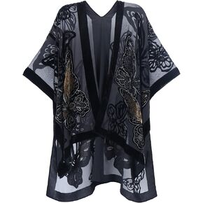 WeHello Women's Burnout Velvet Kimono Long Cardigan Cover Up Without Tassel (Black Butterfly)…