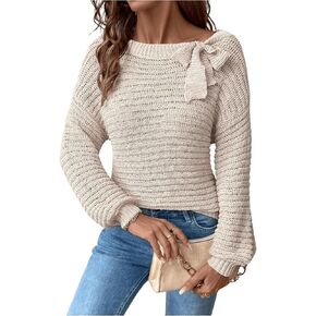 MakeMeChic Women's Bow Knot Sweater Off The Shoulder Long Sleeve Knitted Pullovers Top