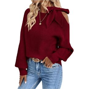 GORGLITTER Women's Bow Sweater Cut Out Tie Shoulder Long Sleeve Knit Pullover Tops Fall Fashion