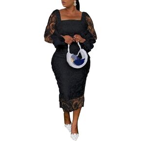 Women's Sexy Floral Lace Long Sleeve Elegant Bodycon Midi Dress Formal Party Cocktail Dress