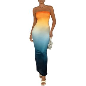 SOLY HUX Women's Bodycon Long Dress Gradient Tube Split Back Strapless Sleeveless Summer Maxi Dresses