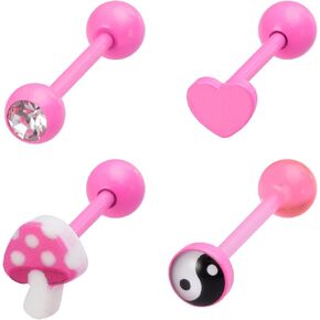 4pc 14G Pink Tongue Rings Acrylic Trendy Stainless Steel Tongue Barbell Body Piercing Jewelry(Mushroom、Yin Yang、Round Crystal、Heart Shape)